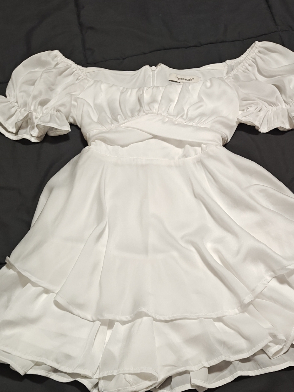 Francesca's White Puff Sleeve,  Ruffle Dress